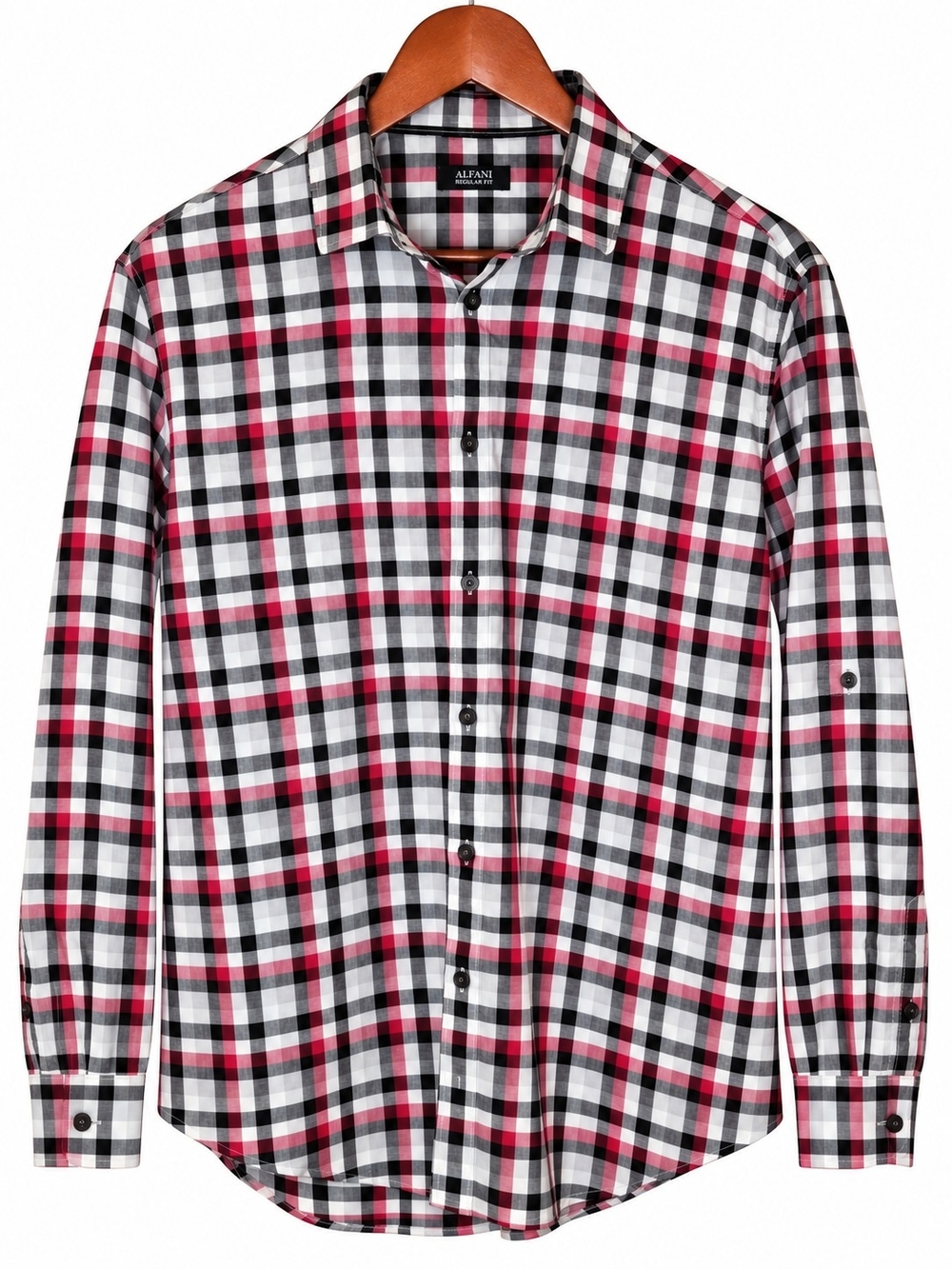Alfani Men’s L Regular Fit Red Black Plaid 100% Cotton Button Down Shirt